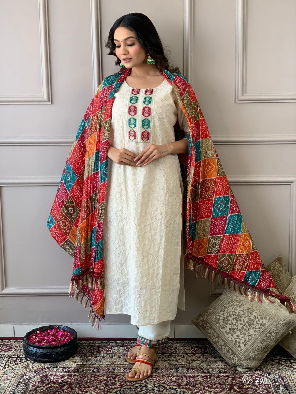 Women's Cotton Chikankari Print Straight Kurti with Pant and Mulmul Dupatta Set