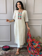 Women's Cotton Chikankari Print Straight Kurti with Pant and Mulmul Dupatta Set
