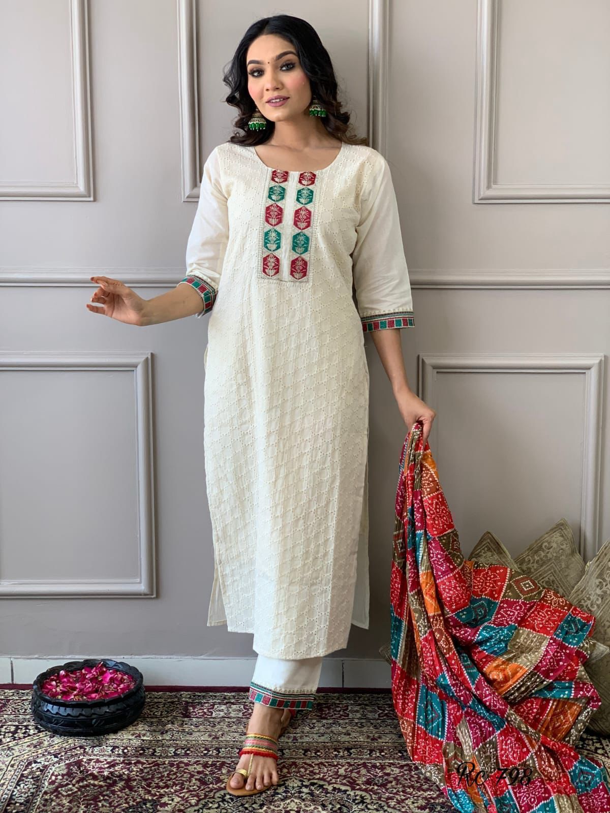 Women's Cotton Chikankari Print Straight Kurti with Pant and Mulmul Dupatta Set