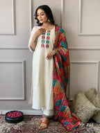 Women's Cotton Chikankari Print Straight Kurti with Pant and Mulmul Dupatta Set
