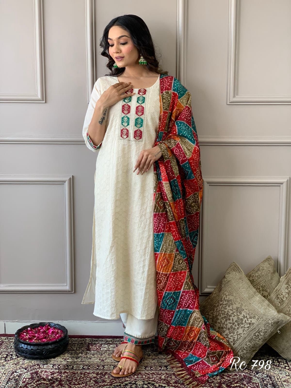 Women's Cotton Chikankari Print Straight Kurti with Pant and Mulmul Dupatta Set