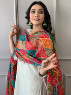 Women's Cotton Chikankari Print Straight Kurti with Pant and Mulmul Dupatta Set