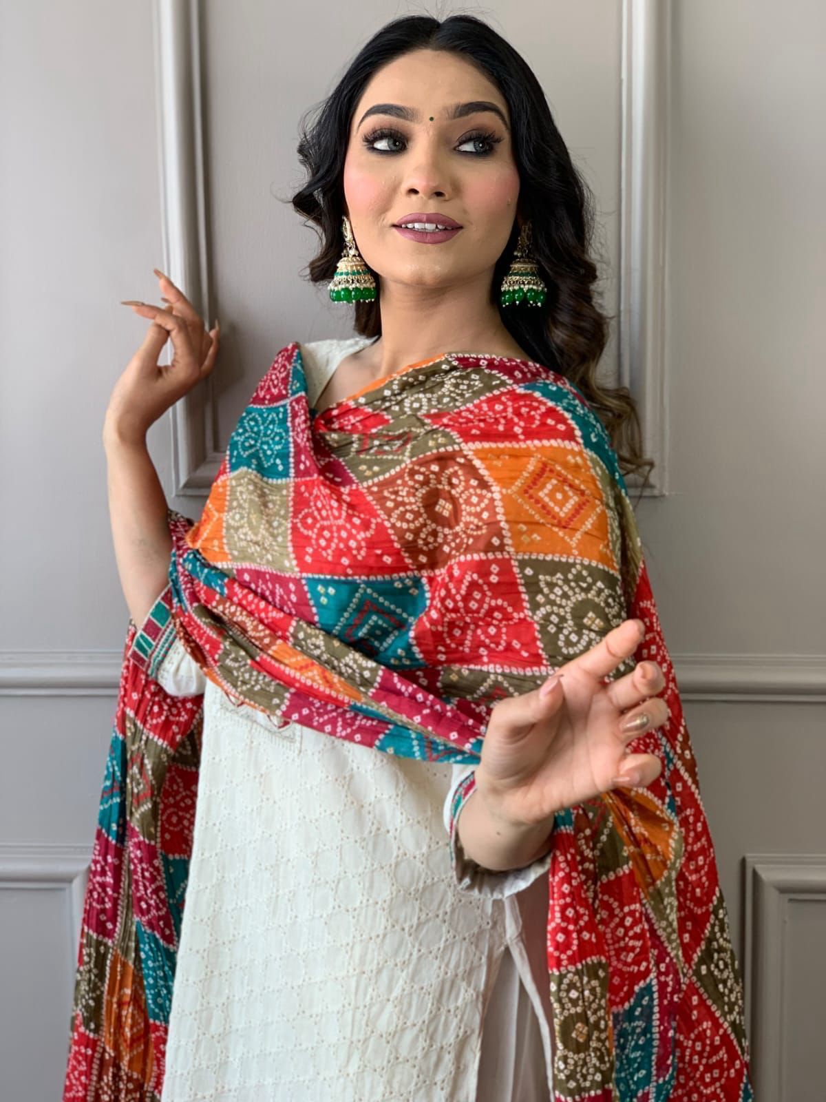 Women's Cotton Chikankari Print Straight Kurti with Pant and Mulmul Dupatta Set