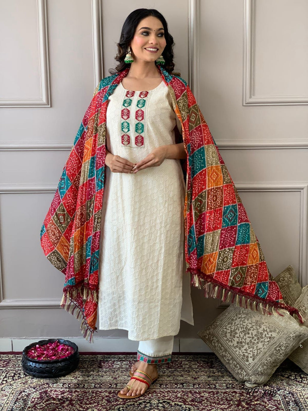 Women's Cotton Chikankari Print Straight Kurti with Pant and Mulmul Dupatta Set