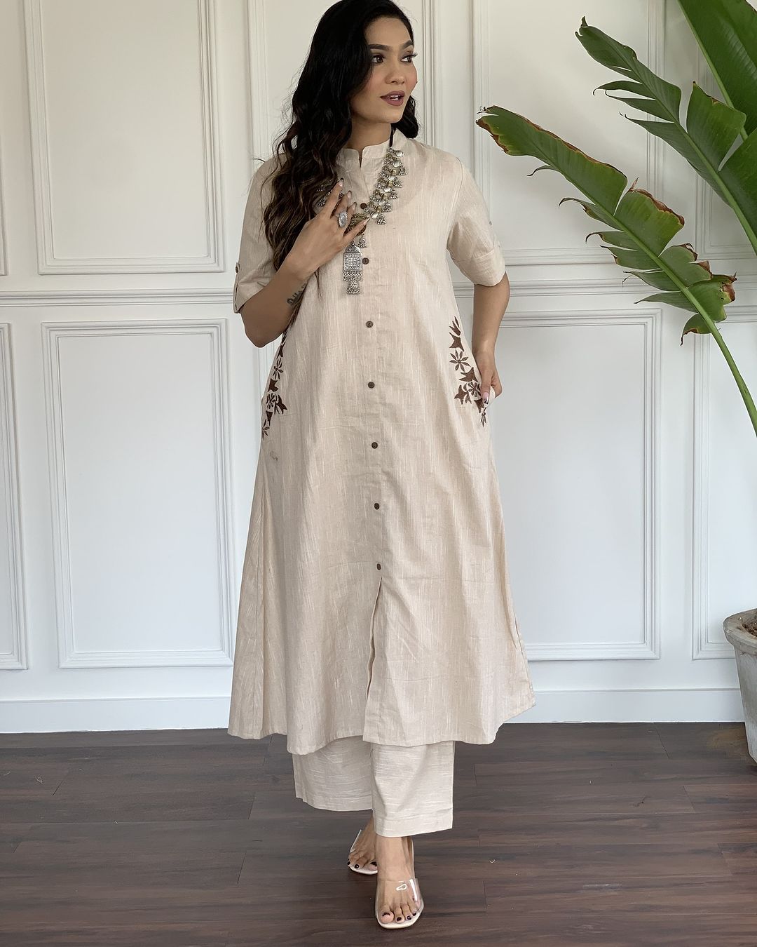 Women's Cotton Embroidered A-Line Kurti With Pant