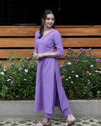 Women's Cotton V-neck Solid Straight Kurti With Pant