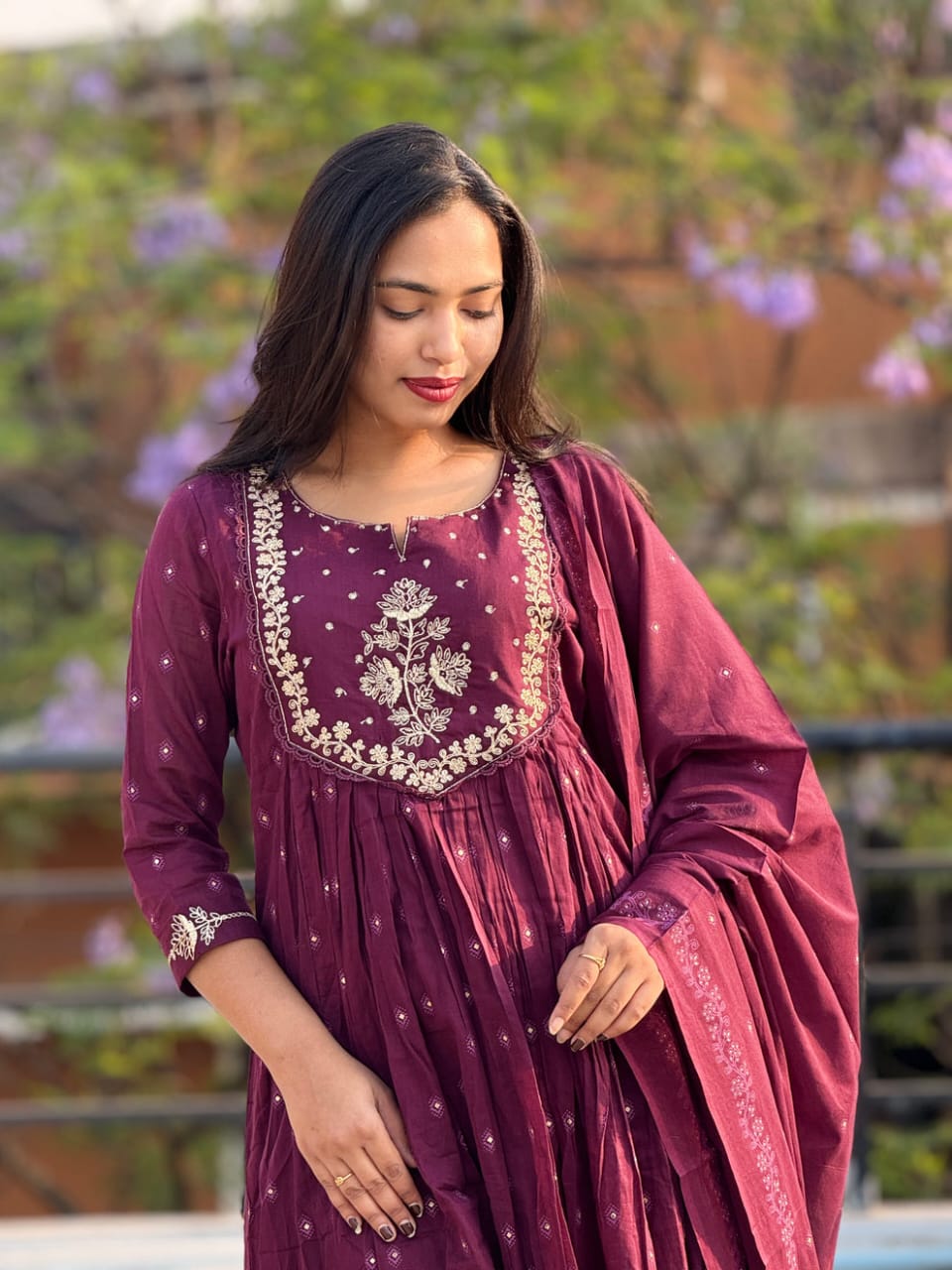 Women's Cotton Embroidery Anarkali Kurti and Pant with Dupatta Set