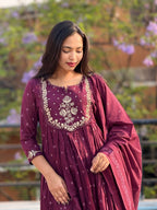 Women's Cotton Embroidery Anarkali Kurti and Pant with Dupatta Set