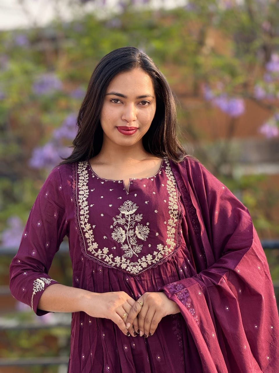 Women's Cotton Embroidery Anarkali Kurti and Pant with Dupatta Set