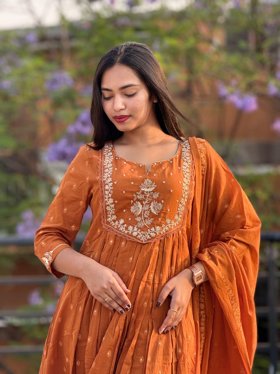 Women's Cotton Embroidery Anarkali Kurti and Pant with Dupatta Set