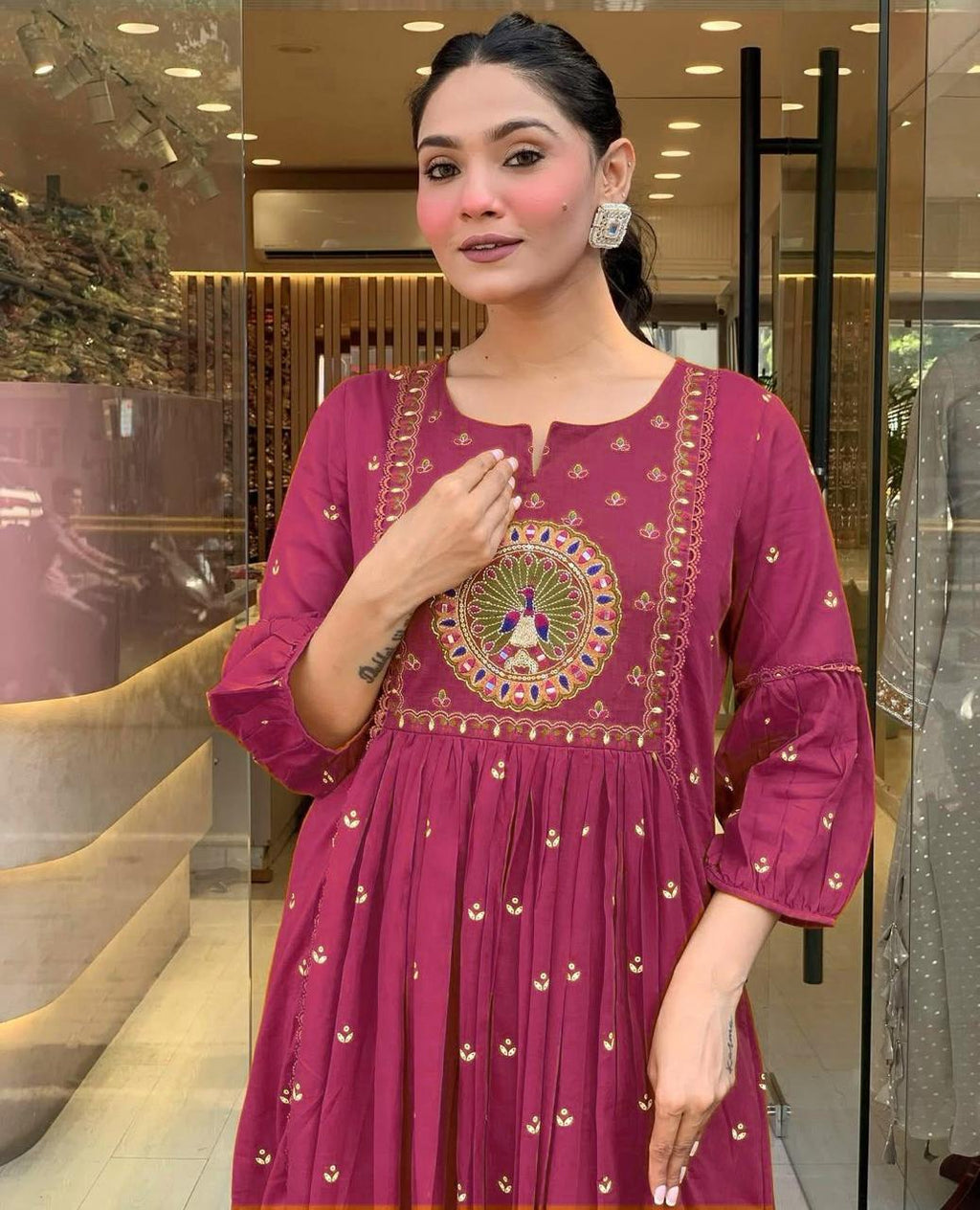 Women's Cotton Embroidered Anarkali Kurti With Malmal Dupatta Set