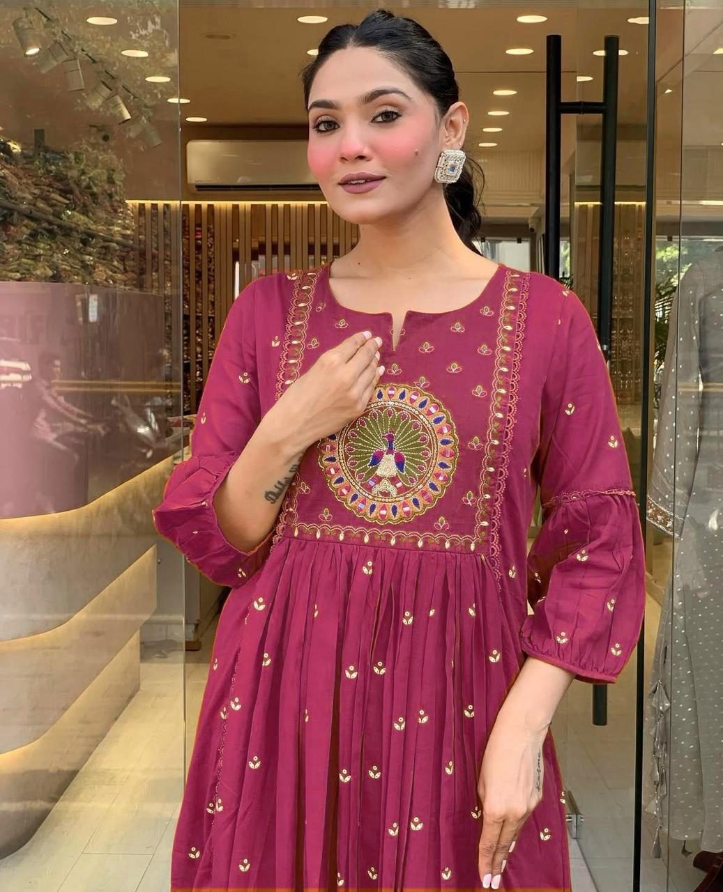 Women's Cotton Embroidered Anarkali Kurti With Malmal Dupatta Set