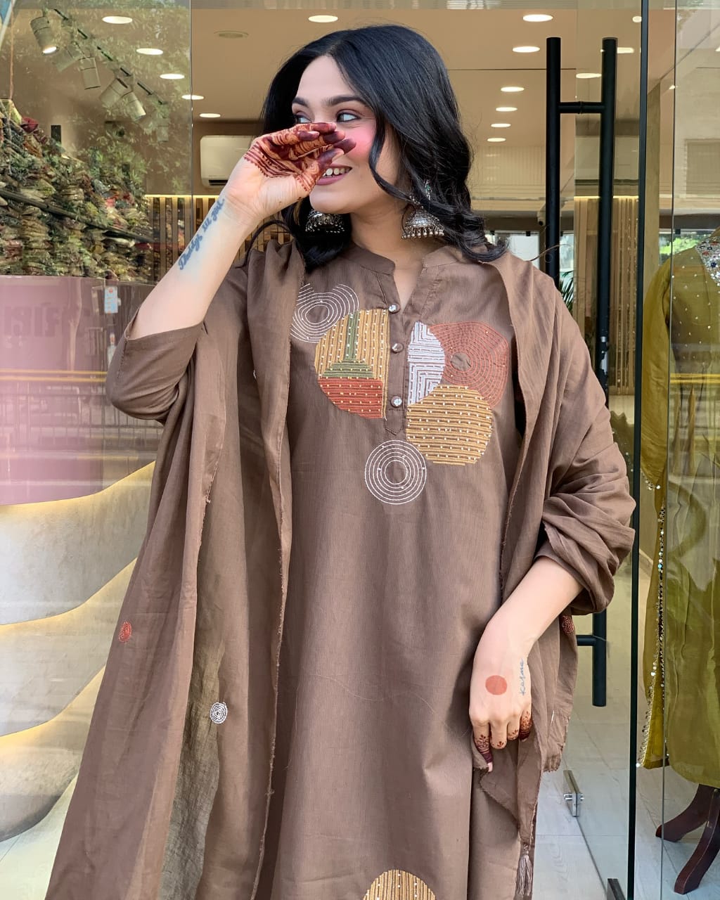 Women's Cotton Embroidery Straight Kurti Pant With Dupatta Set