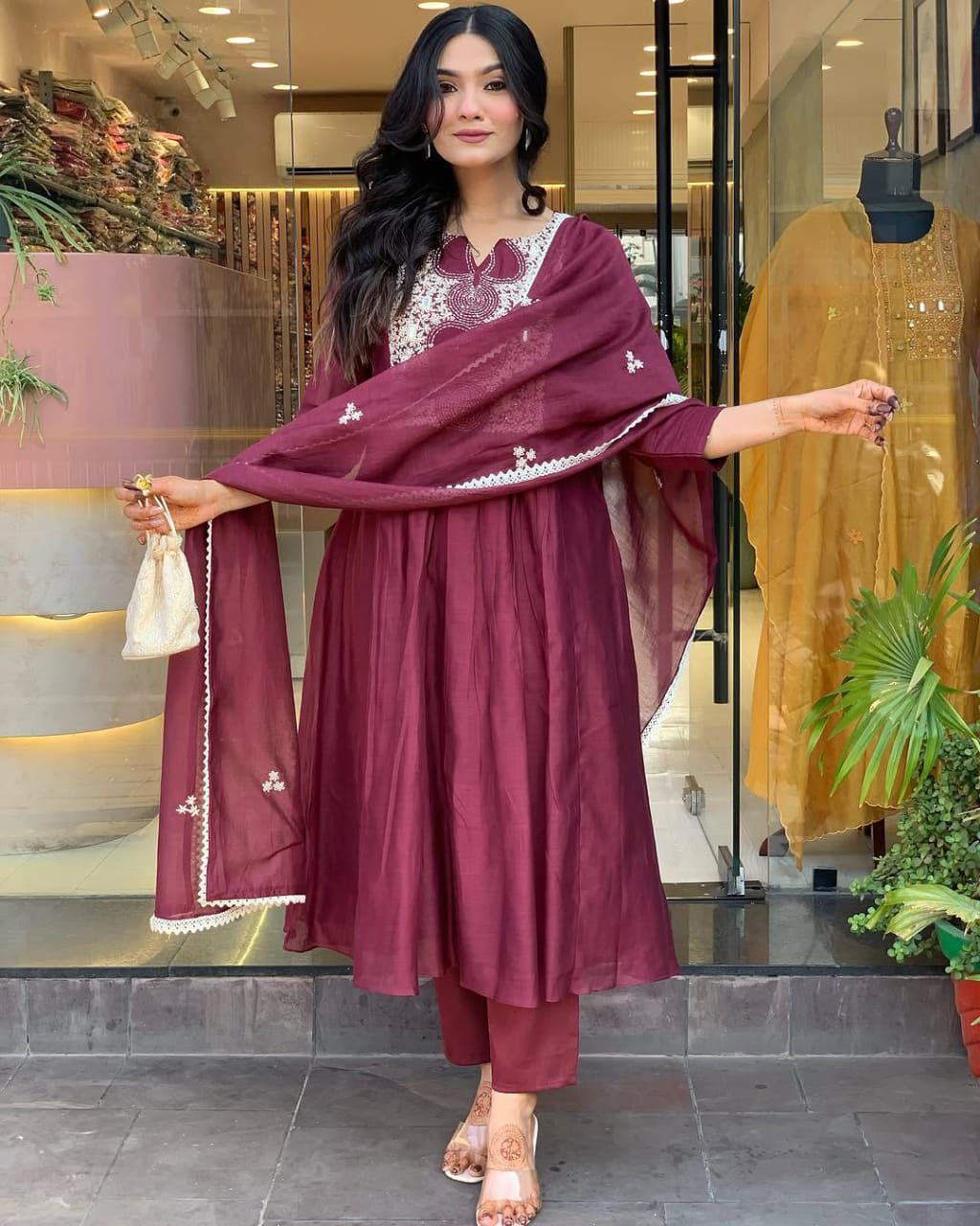 Women's Cotton Printed Anarkali Kurti With Pant and Mulmul Dupatta Set