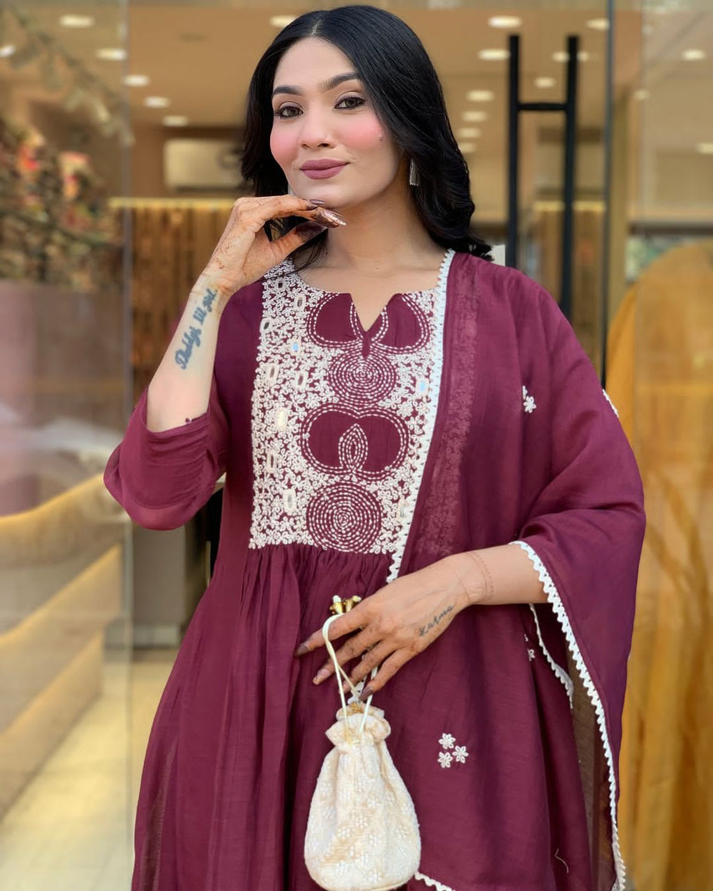Women's Cotton Printed Anarkali Kurti With Pant and Mulmul Dupatta Set