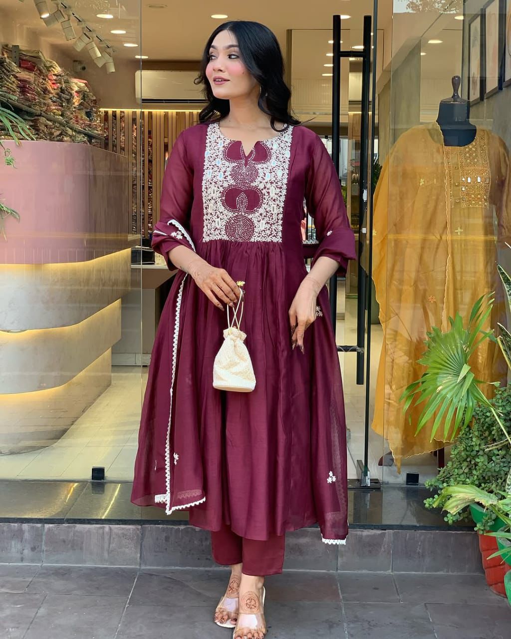 Women's Cotton Printed Anarkali Kurti With Pant and Mulmul Dupatta Set