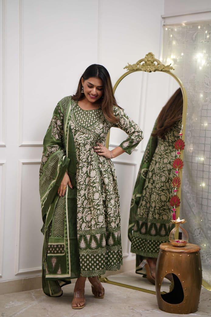 Women's Cotton Floral Printed Anarkali Kurti With Pant and Mulmul Dupatta Set