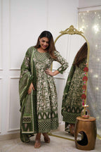 Women's Cotton Floral Printed Anarkali Kurti With Pant and Mulmul Dupatta Set