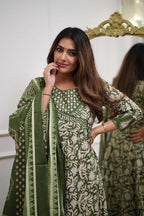Women's Cotton Floral Printed Anarkali Kurti With Pant and Mulmul Dupatta Set
