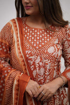 Women's Cotton Floral Printed Anarkali Kurti With Pant and Mulmul Dupatta Set