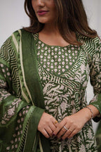 Women's Cotton Floral Printed Anarkali Kurti With Pant and Mulmul Dupatta Set