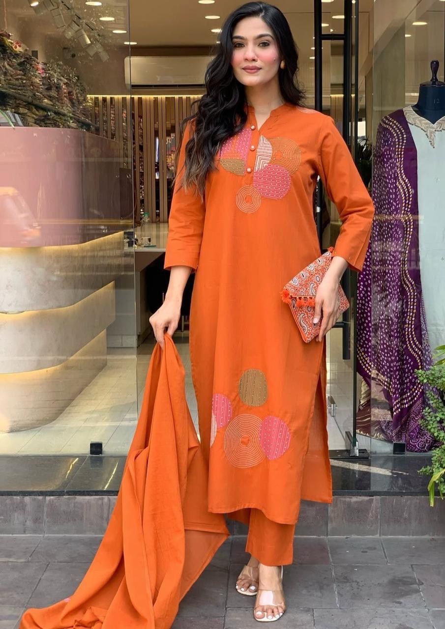 Women's Cotton Embroidery Straight Kurti Pant With Dupatta Set