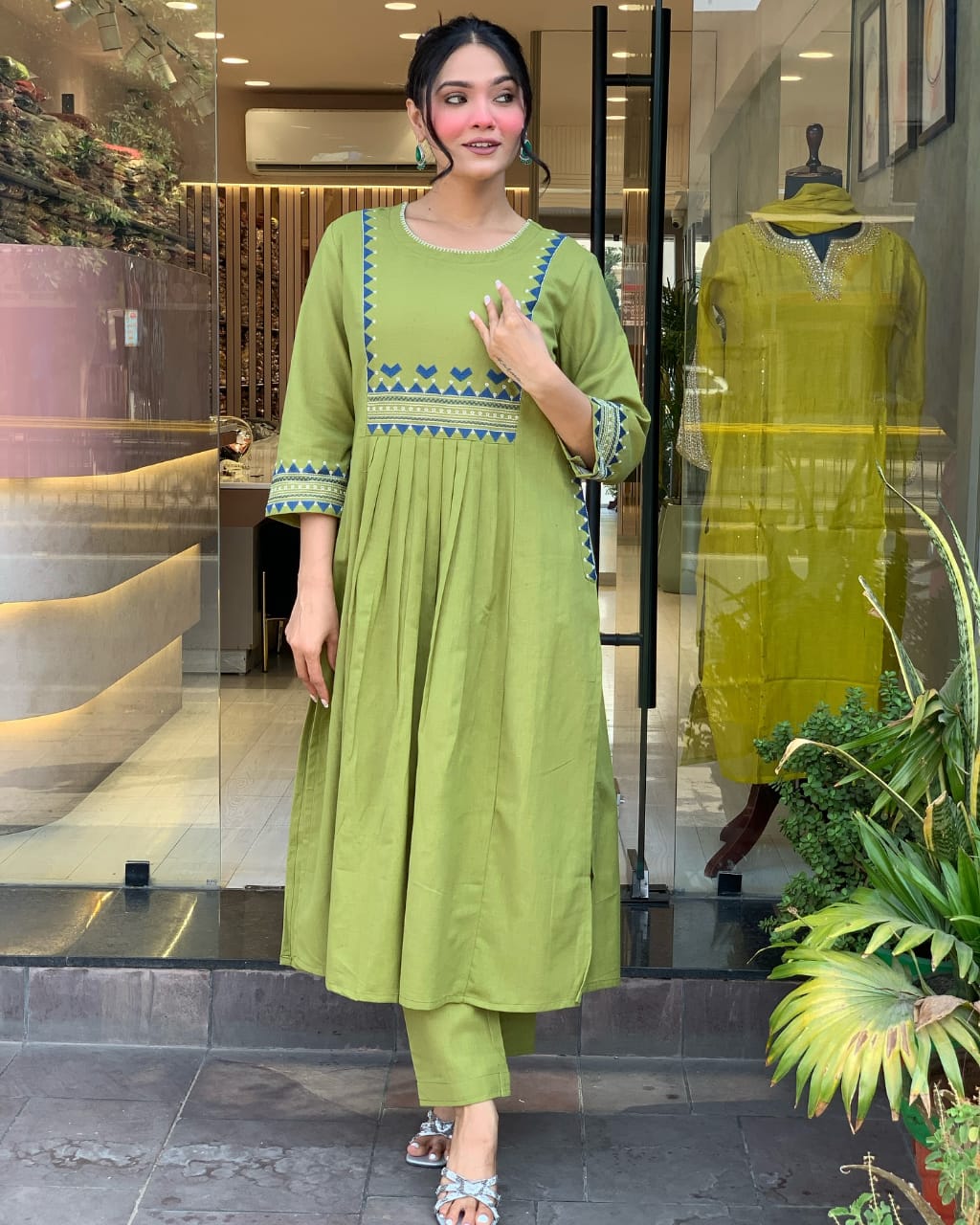 Women's Rayon Embroidered A-Line Kurti With Pant Set