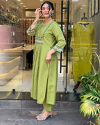 Women's Rayon Embroidered A-Line Kurti With Pant Set