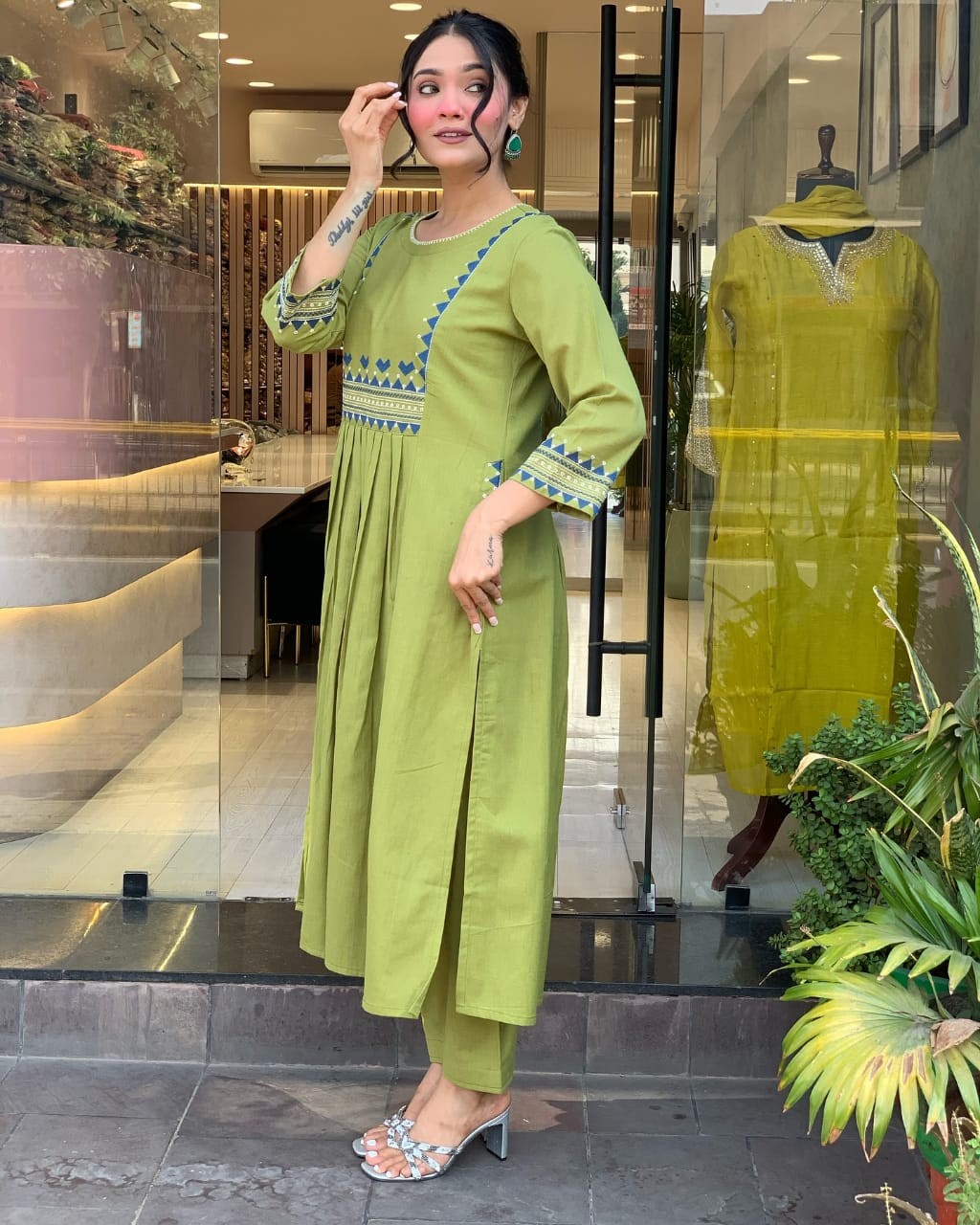 Women's Rayon Embroidered A-Line Kurti With Pant Set