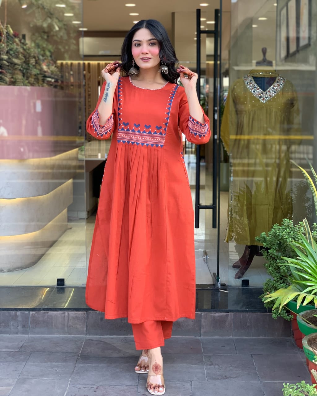 Women's Rayon Embroidered A-Line Kurti With Pant Set