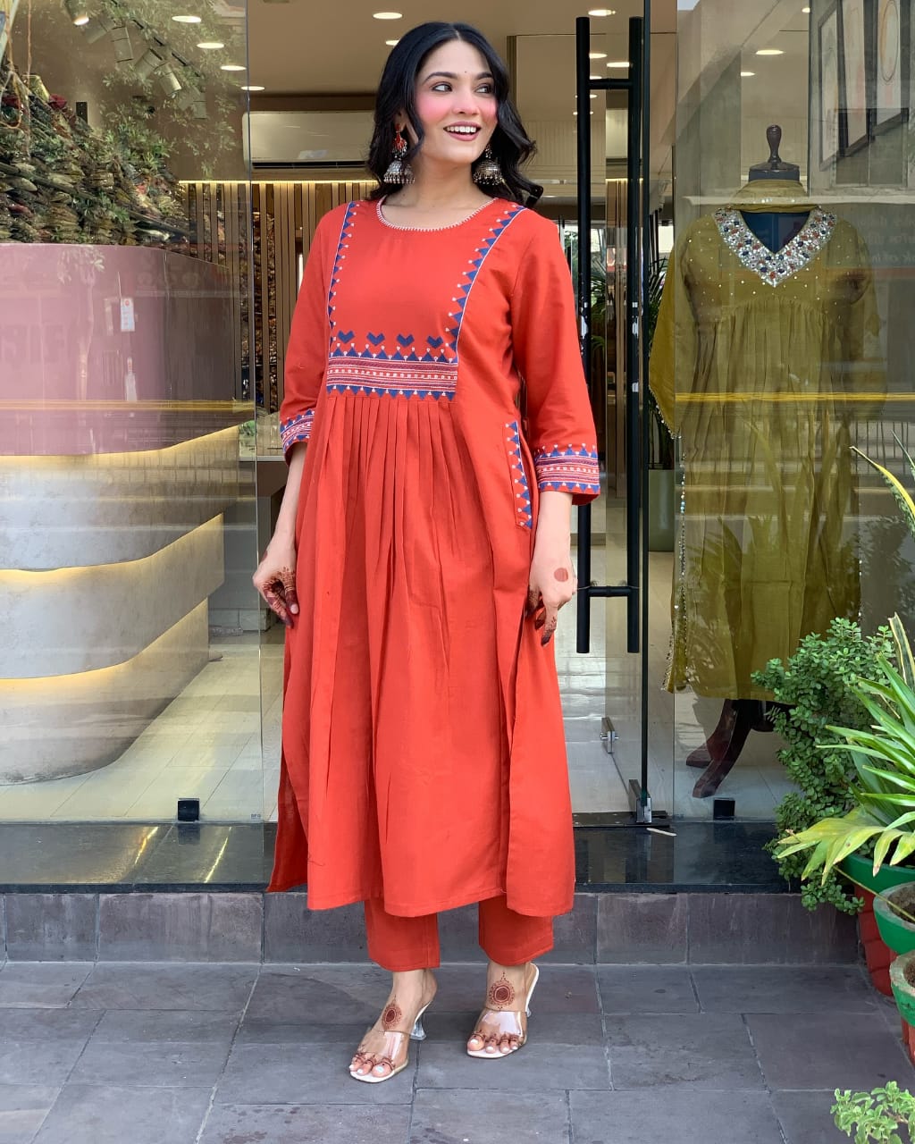 Women's Rayon Embroidered A-Line Kurti With Pant Set