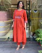 Women's Rayon Embroidered A-Line Kurti With Pant Set