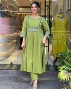 Women's Rayon Embroidered A-Line Kurti With Pant Set