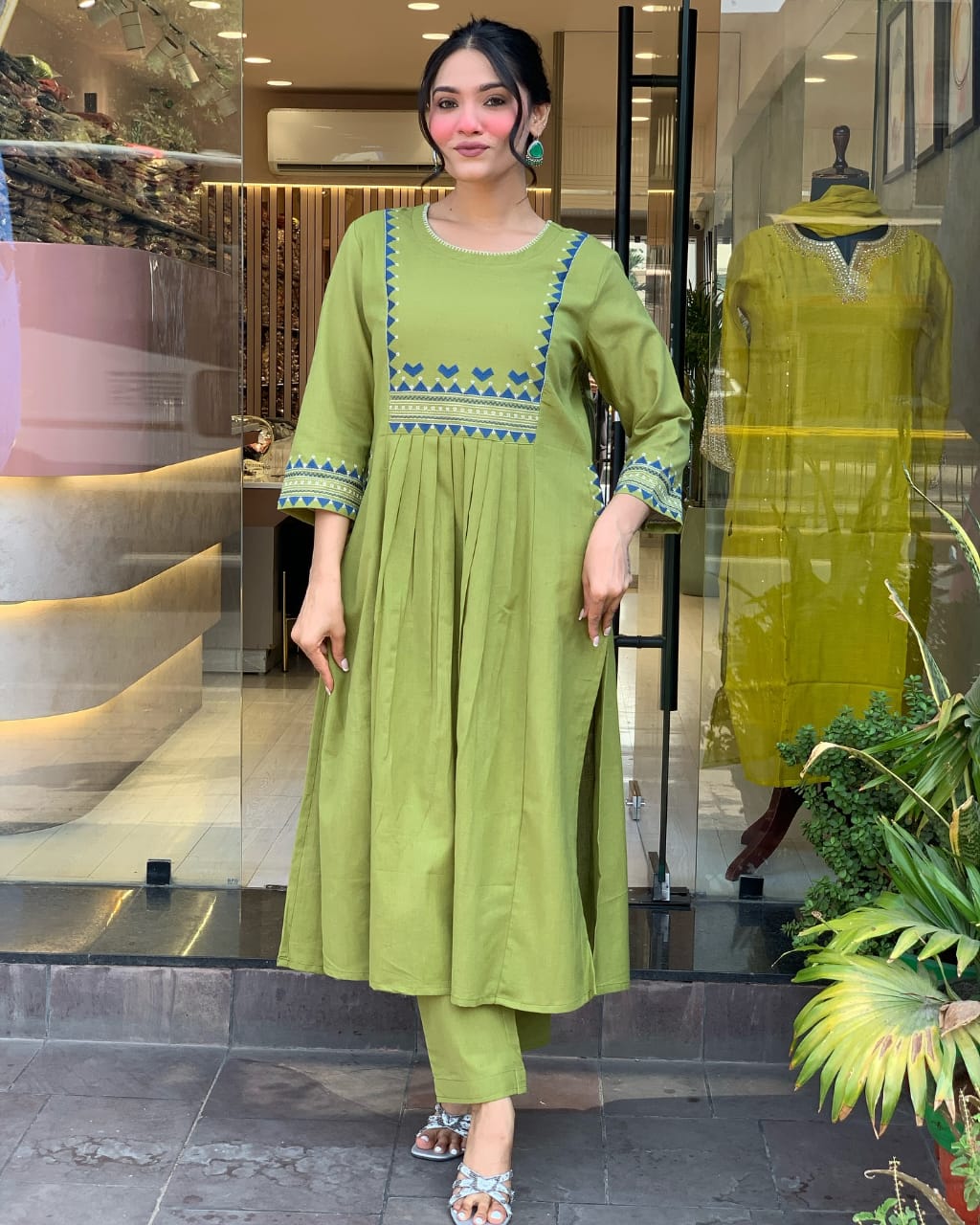 Women's Rayon Embroidered A-Line Kurti With Pant Set