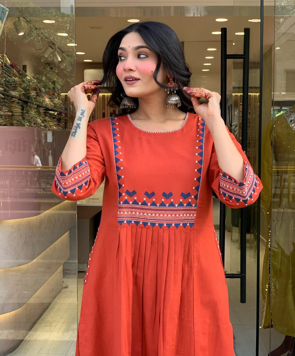 Women's Rayon Embroidered A-Line Kurti With Pant Set
