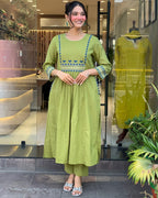 Women's Rayon Embroidered A-Line Kurti With Pant Set