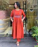 Women's Rayon Embroidered A-Line Kurti With Pant Set