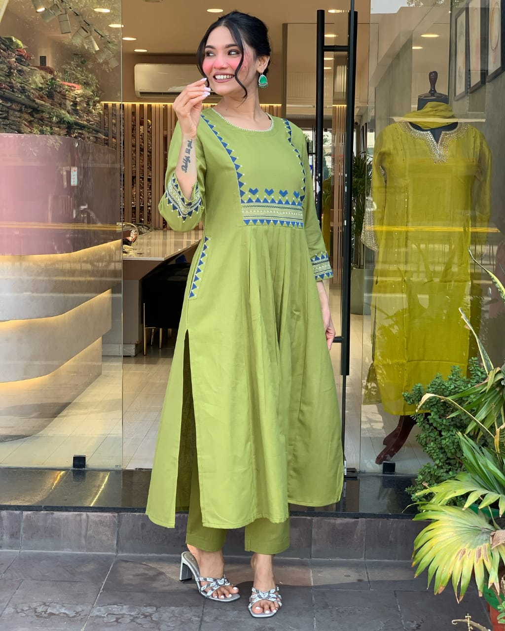 Women's Rayon Embroidered A-Line Kurti With Pant Set