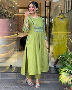 Women's Rayon Embroidered A-Line Kurti With Pant Set