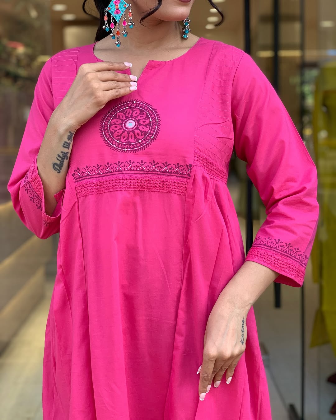 Women's Cotton Embroidery Handblock Floral Kurti Pant With Dupatta Set