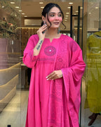 Women's Cotton Embroidery Handblock Floral Kurti Pant With Dupatta Set