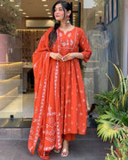Women's Contton Floral Embroidered Round Neck Regular Kurti Pant Dupatta Set