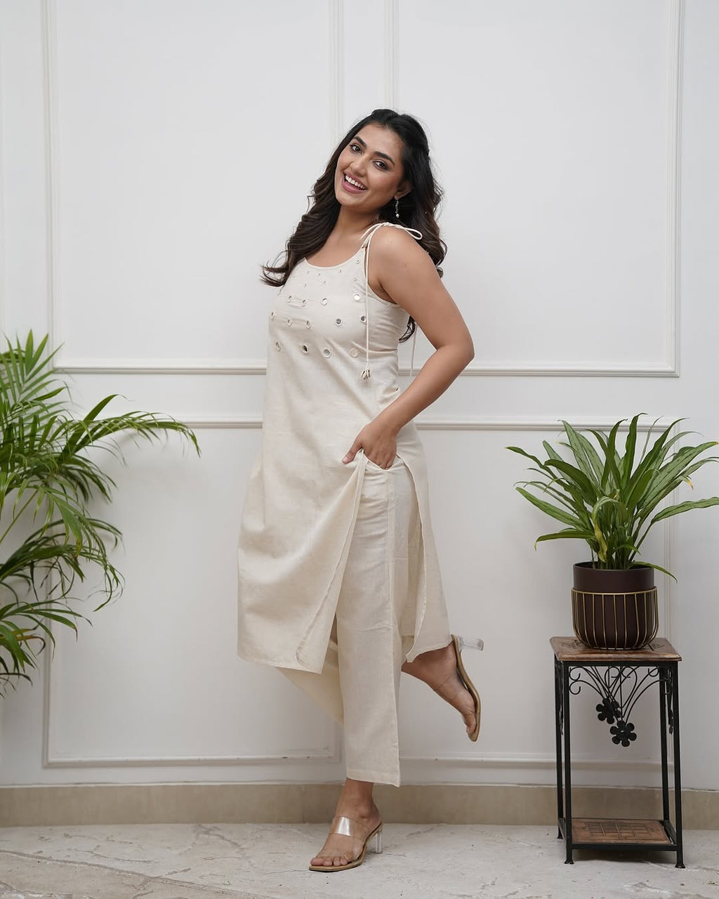 Women's Cotton Embroidery Sleeveless Kurti With Ankle length Pant Set