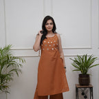 Women's Cotton Embroidery Sleeveless Kurti With Ankle length Pant Set
