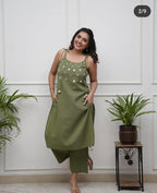 Women's Cotton Embroidery Sleeveless Kurti With Ankle length Pant Set