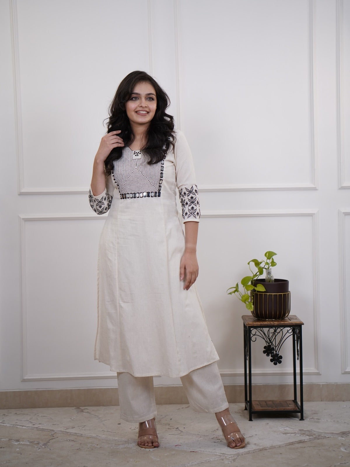 Women's Cotton Embroidery Straight Kurti With Pant Set