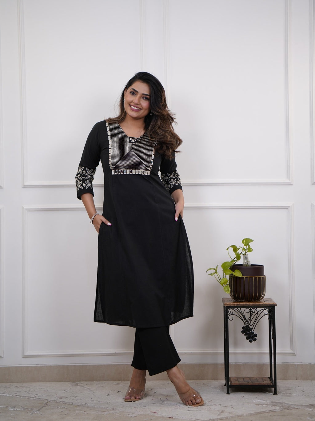 Women's Cotton Embroidery Straight Kurti With Pant Set