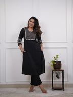 Women's Cotton Embroidery Straight Kurti With Pant Set