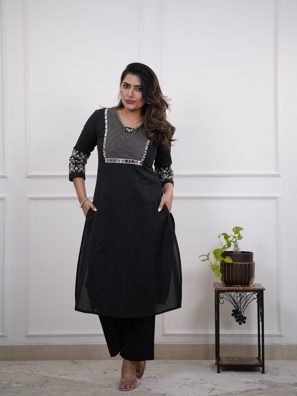 Women's Cotton Embroidery Straight Kurti With Pant Set