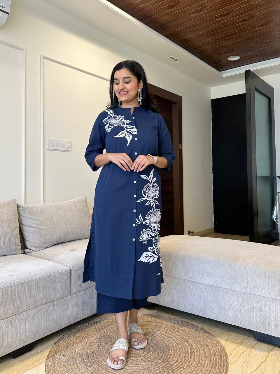 Women's Cotton Floral Printed Straight Kurti With Pant Set